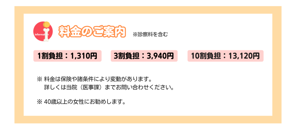骨粗鬆症検査の料金案内です。
診察料を含み、1割負担1,310円、3割負担3,940円、10割負担13,120円です。料金は保険や診療条件により変動する場合があり、詳しくは当院(医事課)までお問い合わせください。
また、40歳以上の女性に受診を勧めています。